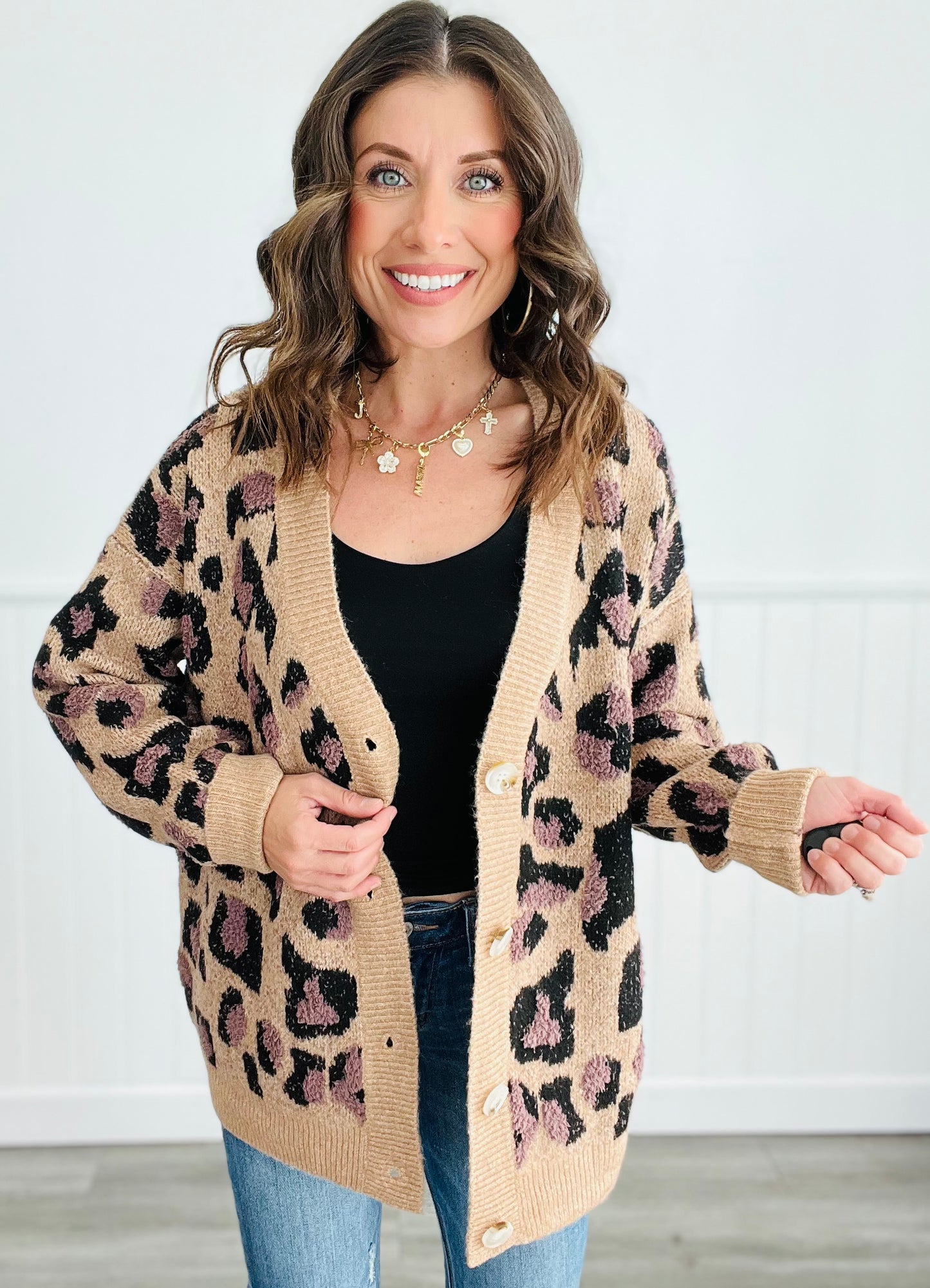 Camel Leopard Button Up Sweater Cardigan (Reg)