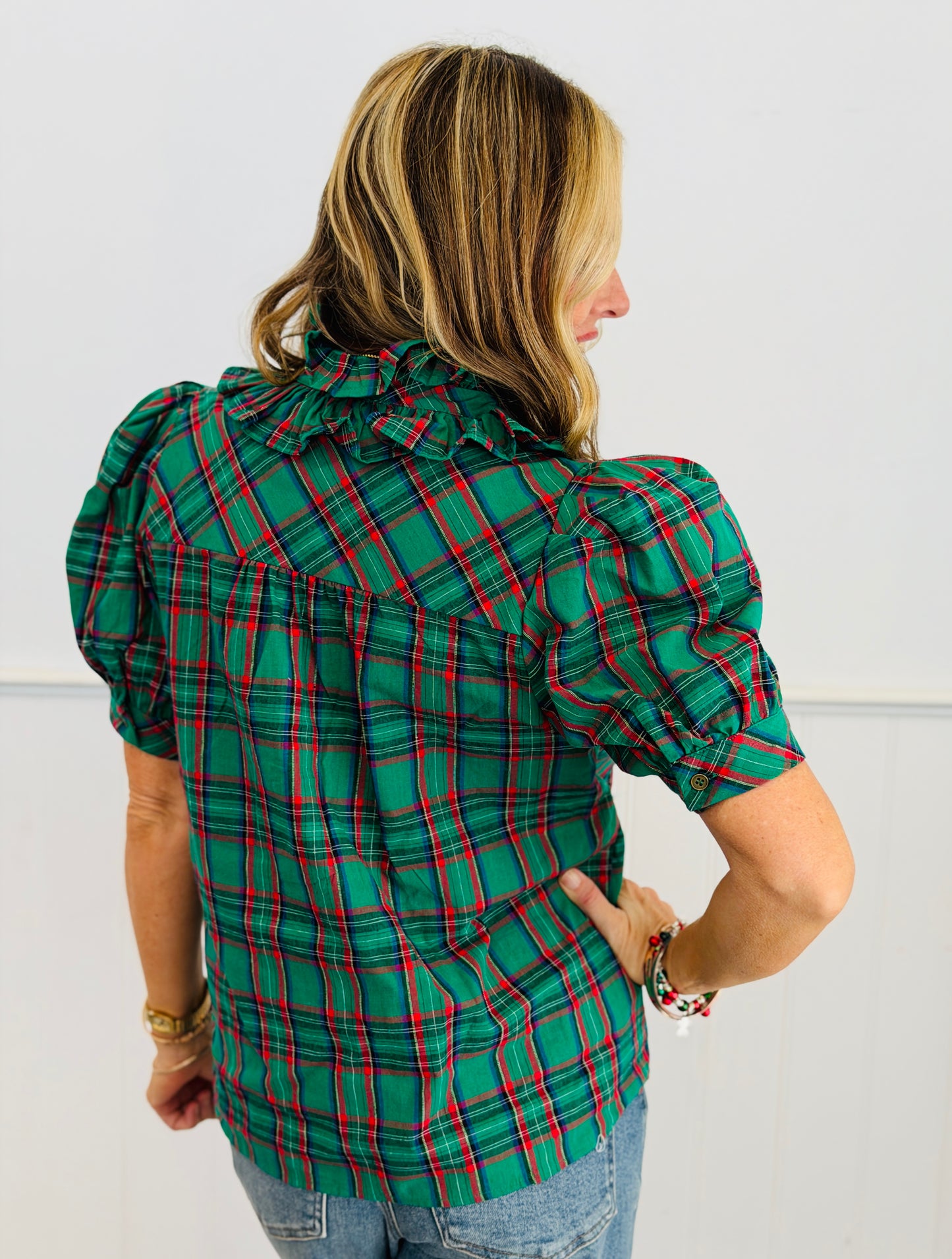 Plaid Tie Neck Puff Sleeve Top (Reg.) - 4 Colors