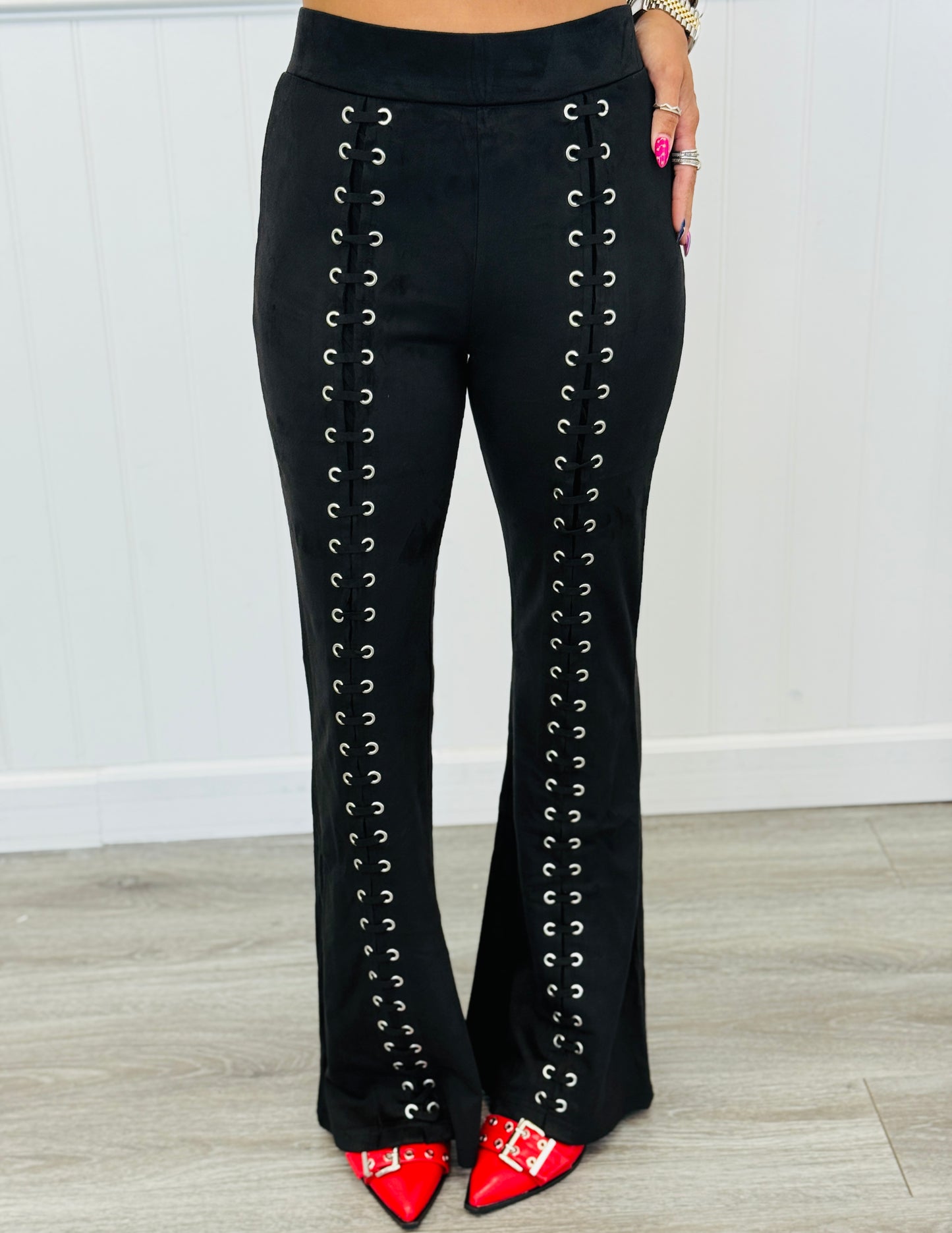 Black Suede Eyelet Lace Up Flare Pants (Reg.)