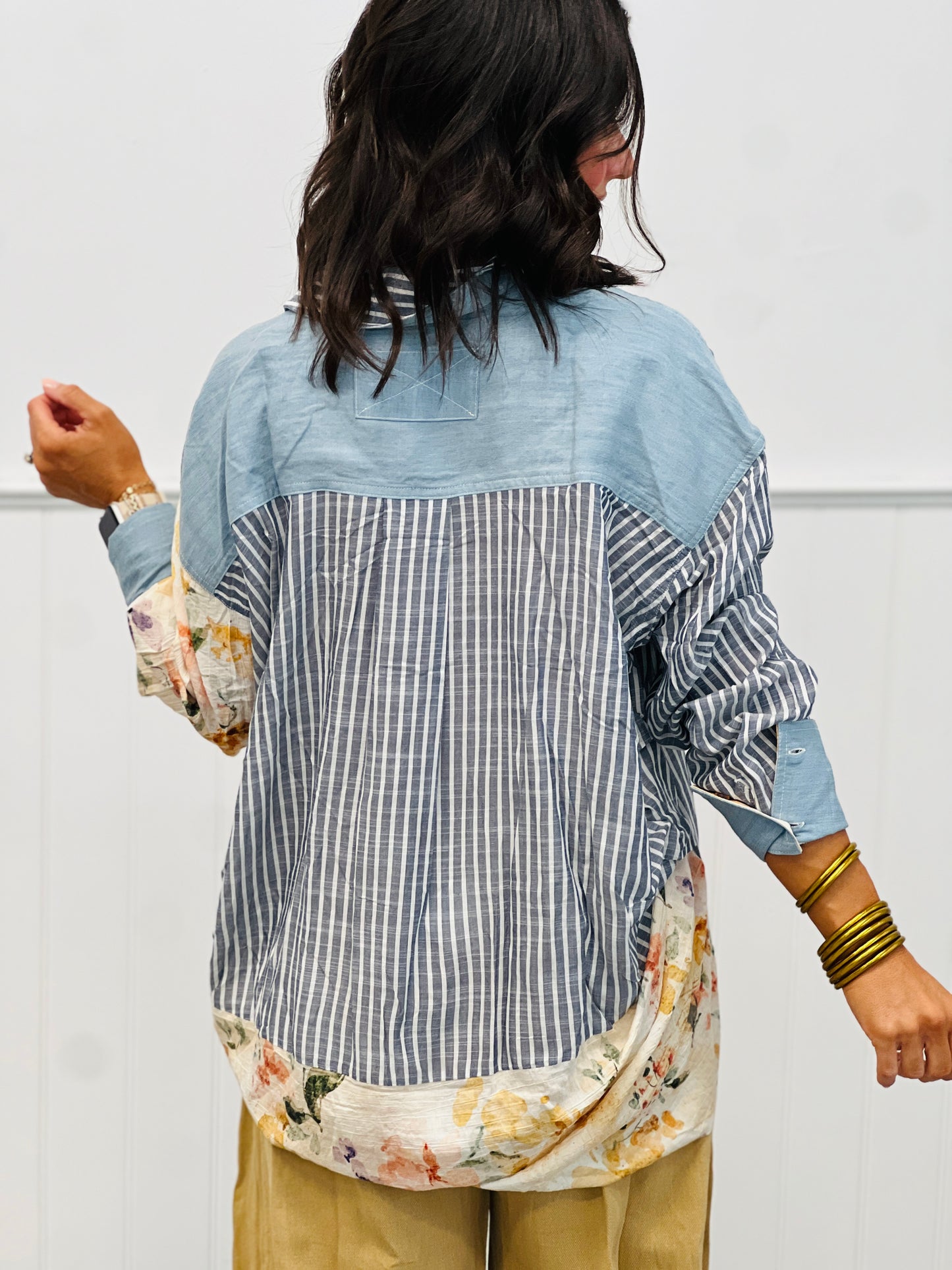 Denim/Ivory Floral & Stripe Button Up Top (Reg. and Plus)