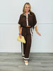 Chocolate Contrast Stripe Shirt & Pants Set (Reg & Plus)