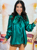 Hunter Green Metallic Bow Tie Blouse (Reg.)