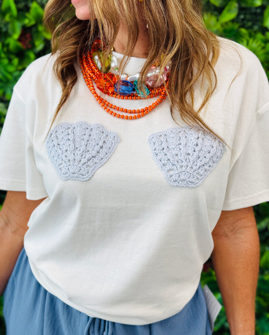 White Crochet Seashells Graphic Tee Top (Reg.)