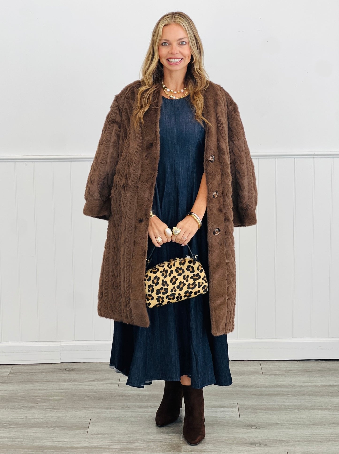Brown Fuzzy Fur Patterned Longline Coat (Reg & Plus)