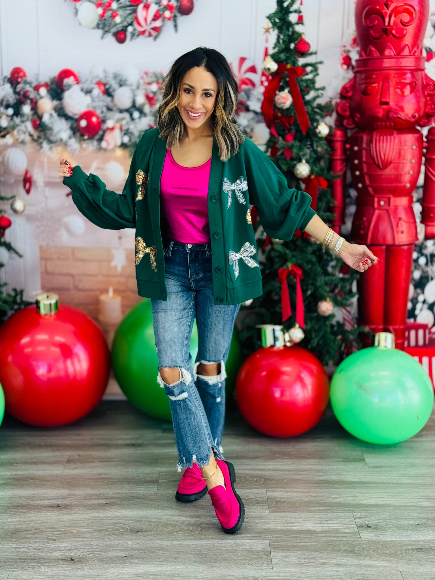 Dark Green Sequin Bow Cardigan (Reg. & Plus)