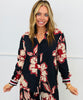 Fall Black Bloom Floral Printed Button Up Blouse (Reg. and Plus)