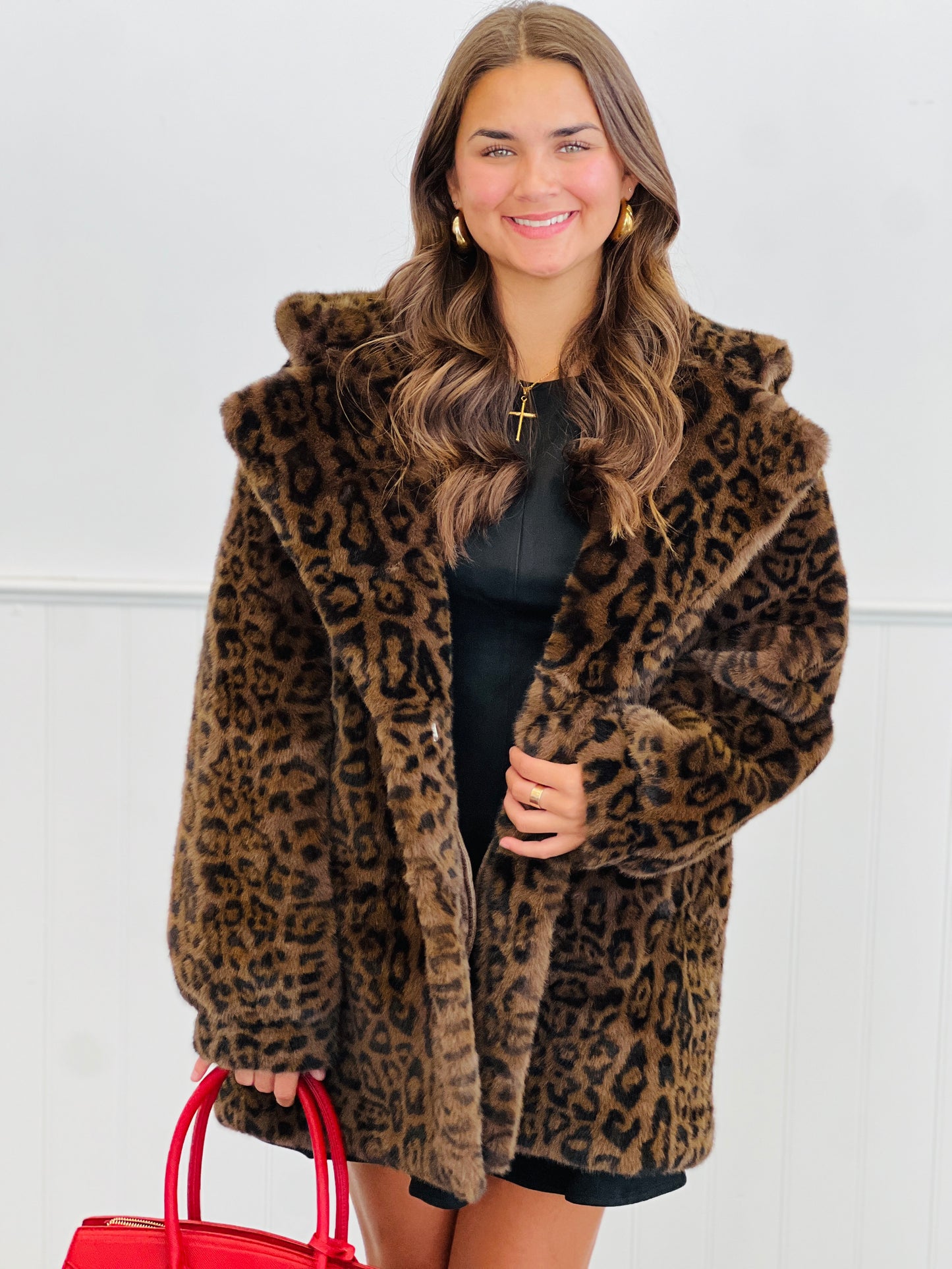 Dark Brown Leopard Faux Fur Hooded Coat (Reg & Plus)