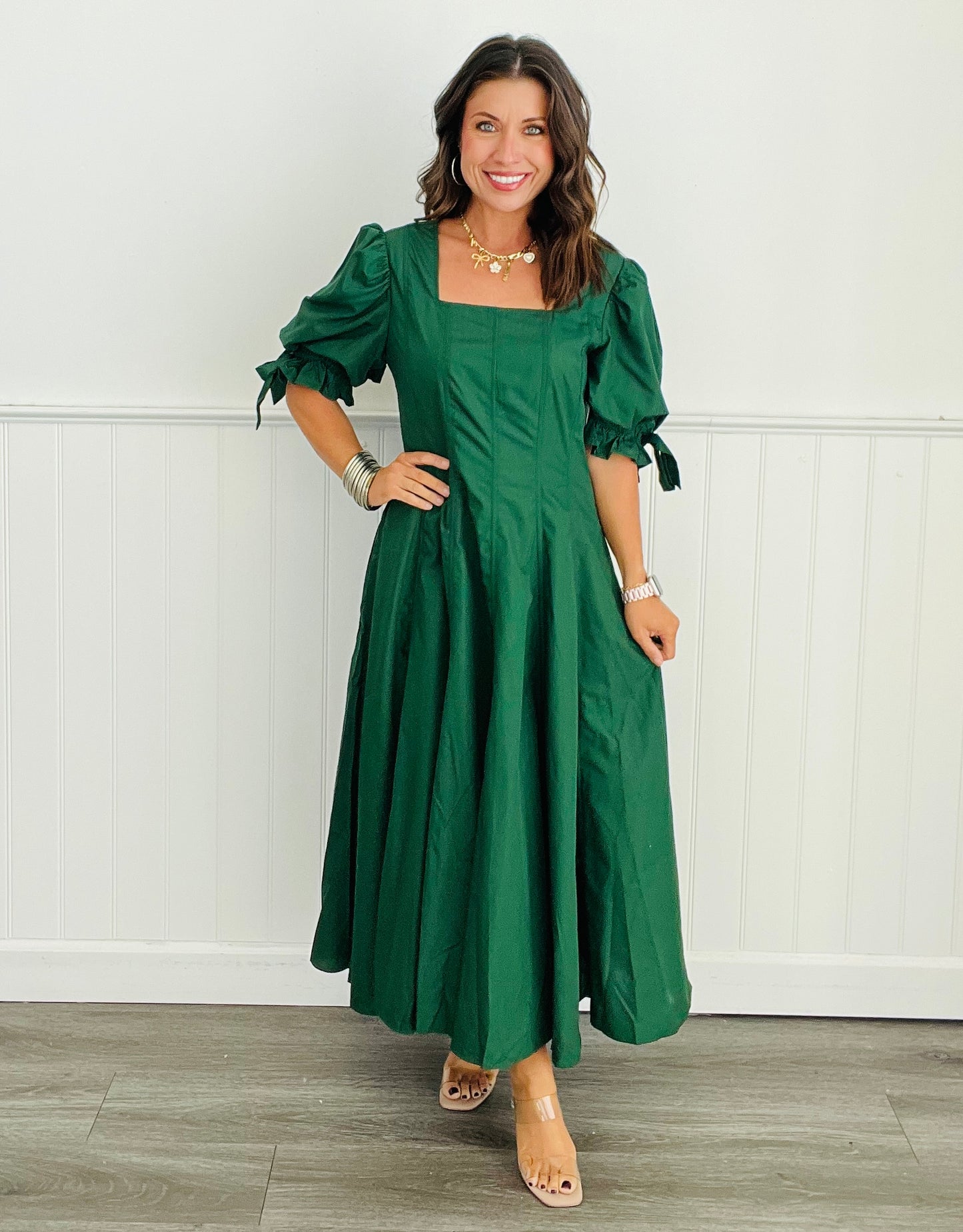 Hunter Green Bow Tie Sleeves Midi Dress (Reg)