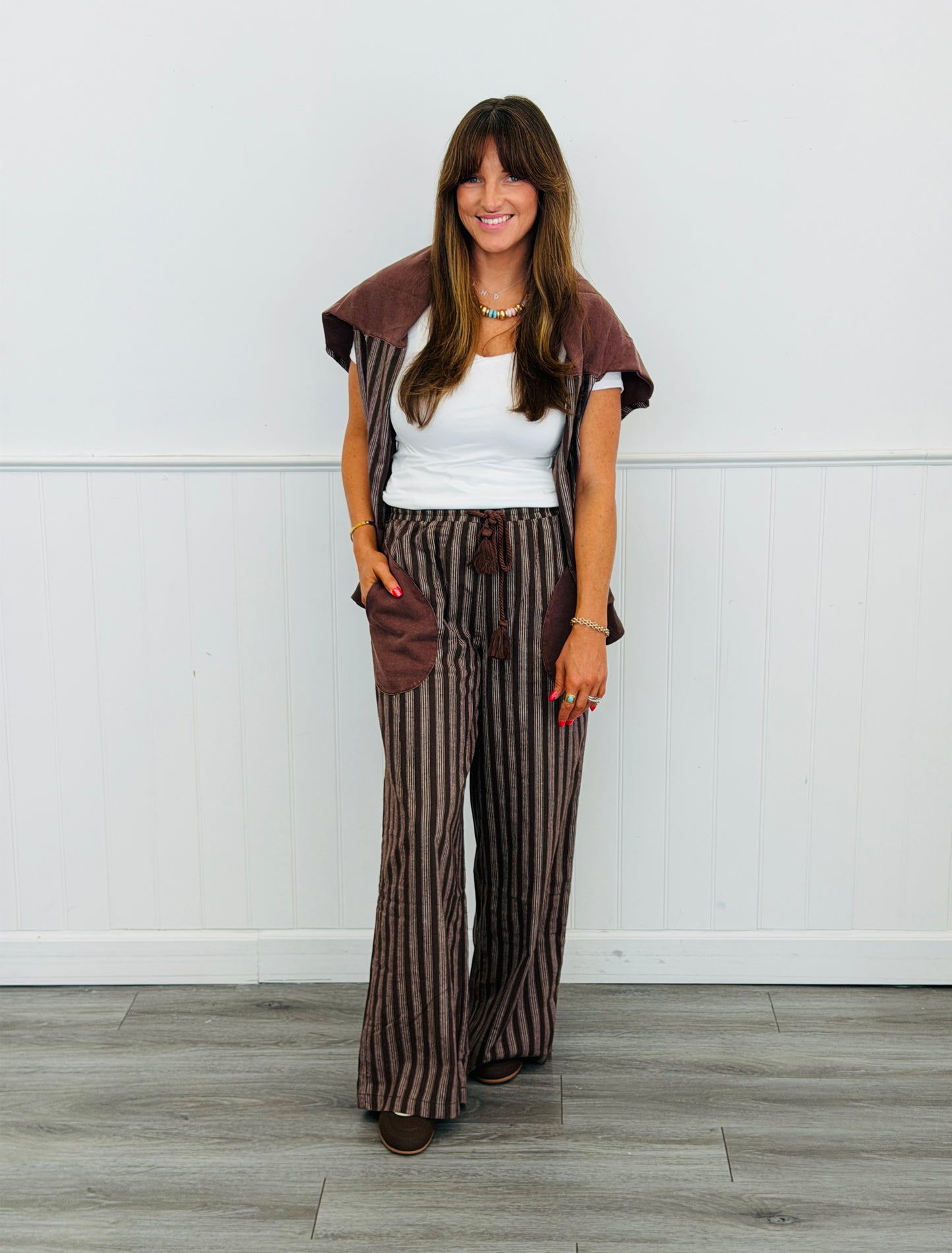 Washed Brown Striped Sweatshirt & Pants Set (Reg & Plus)