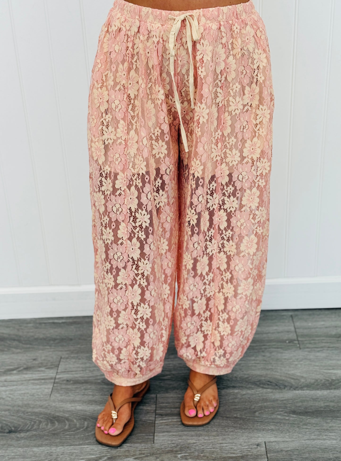 Blush Peach Floral Lace Balloon Pants With Inner Shorts (Reg.)