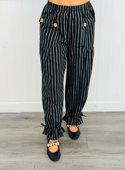 Black Striped Ruffled Tie Cuff Pants (Reg & Plus)