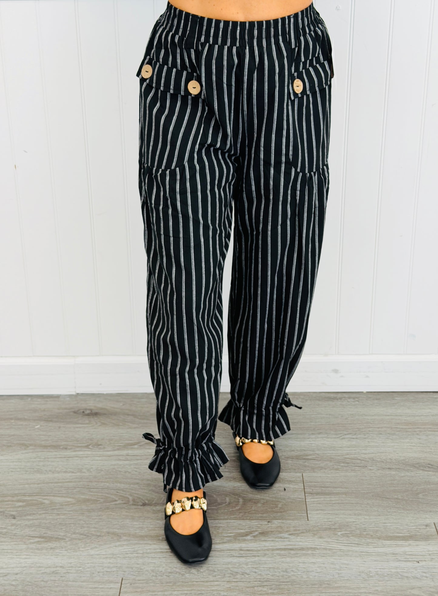 Black Striped Ruffled Tie Cuff Pants (Reg & Plus)