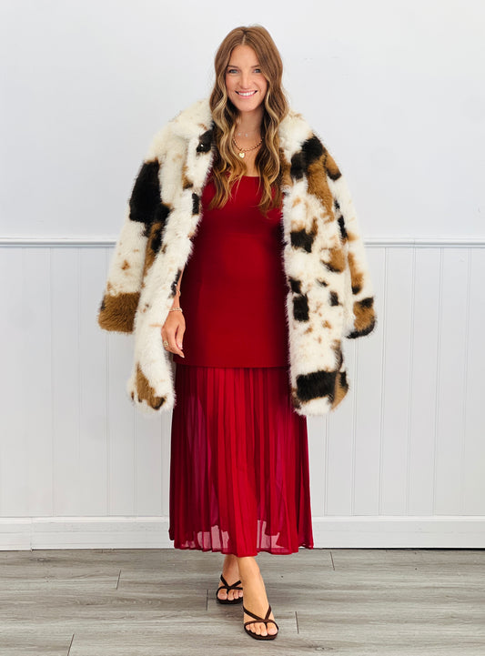 Tricolor Cow Print Faux Fur Coat (Reg & Plus)