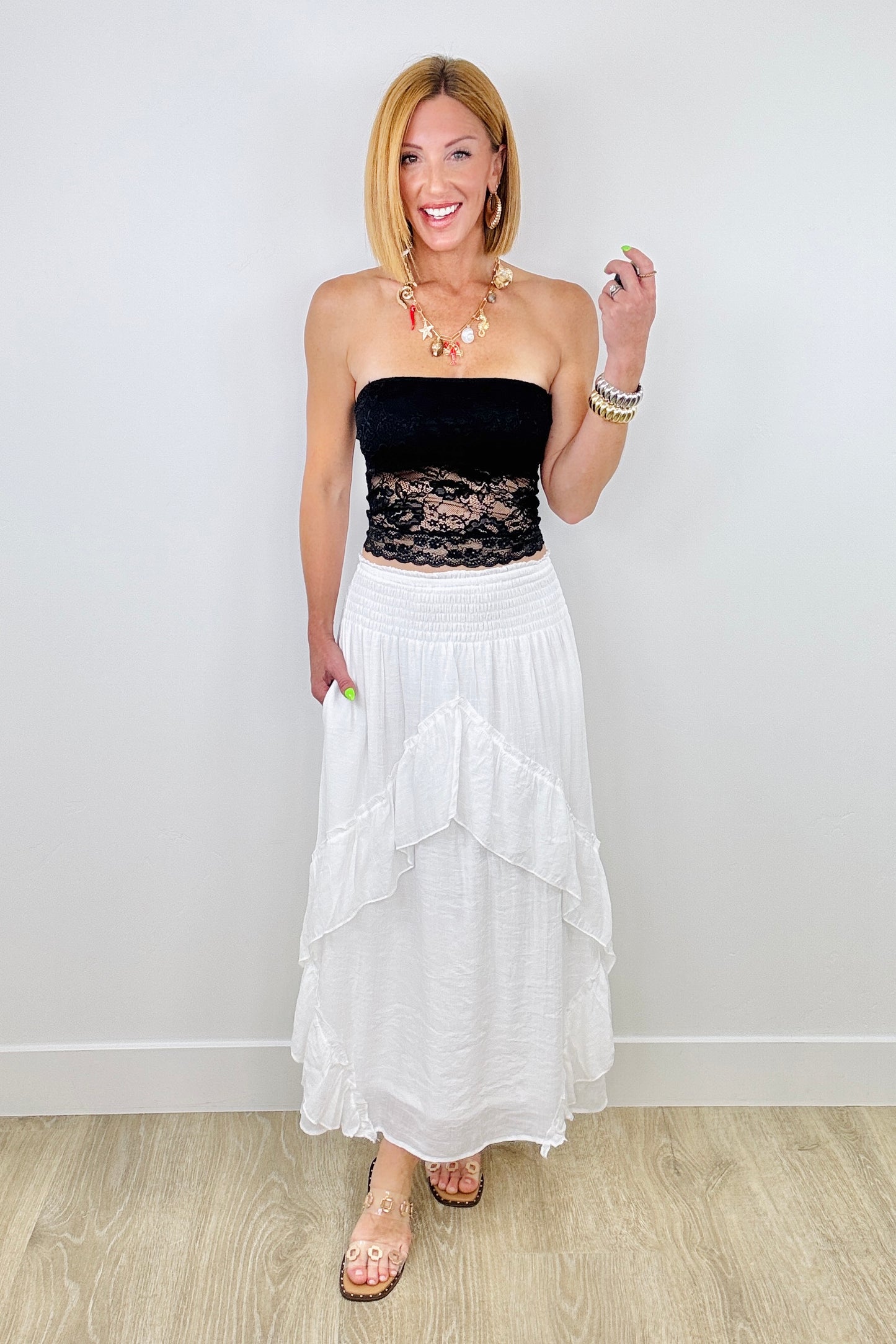 Ivory Layered Asymmetric Ruffle Maxi Skirt (Reg & Plus)