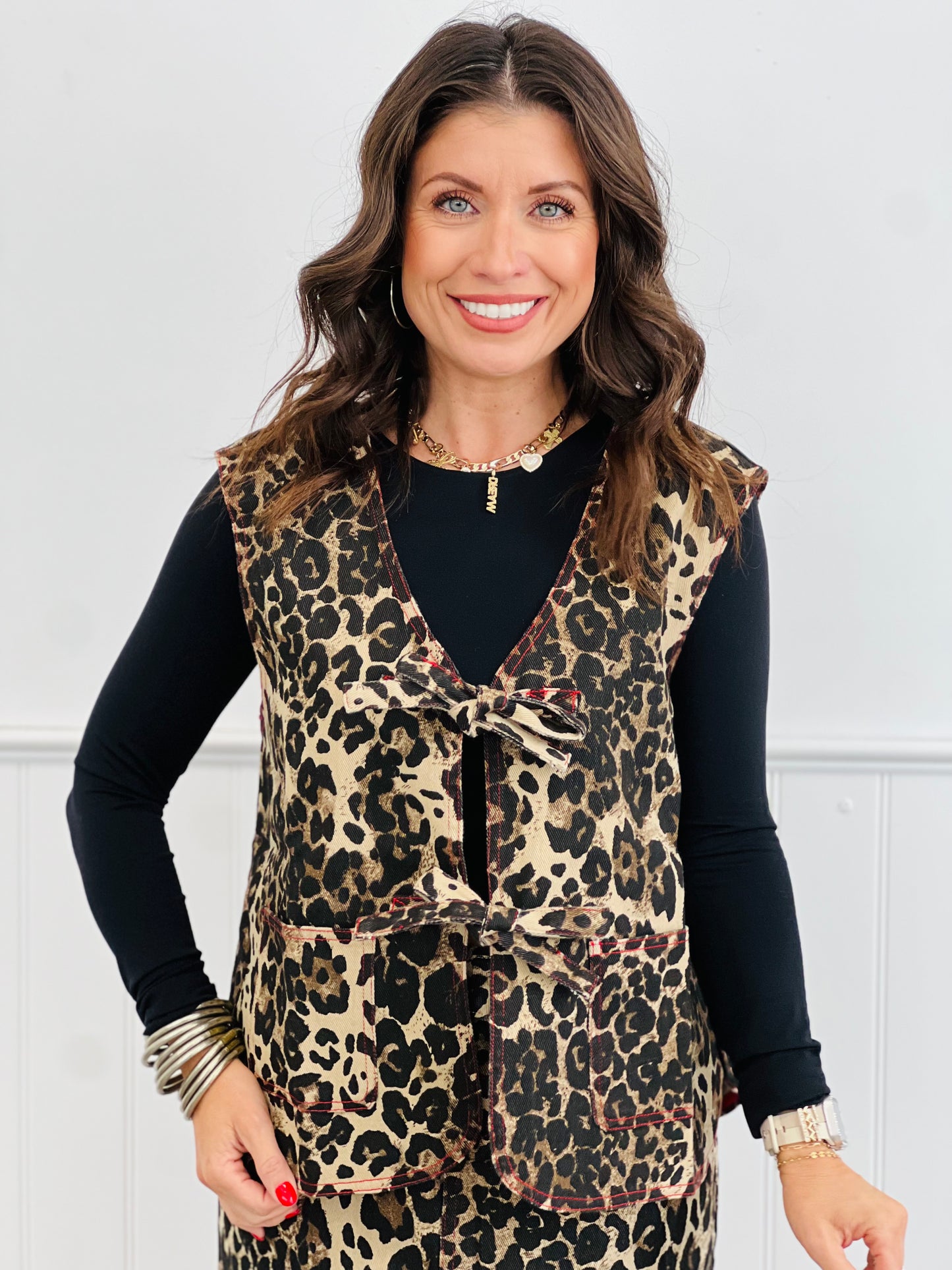 Washed Leopard Front Tie Vest (Reg & Plus)