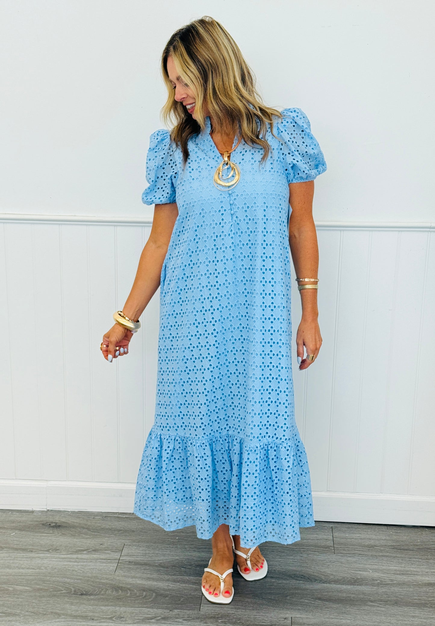 Blue Eyelet Midi Dress (Reg & Plus)