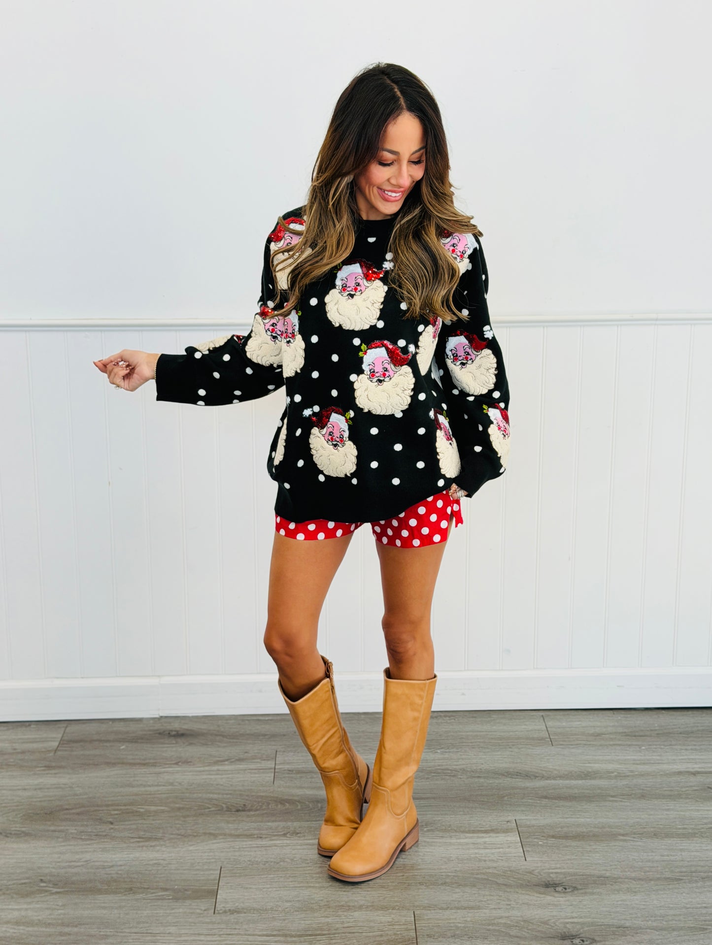 Queen Of Sparkles Black & White Polka Dot Santa Sweater (Reg. & Plus)