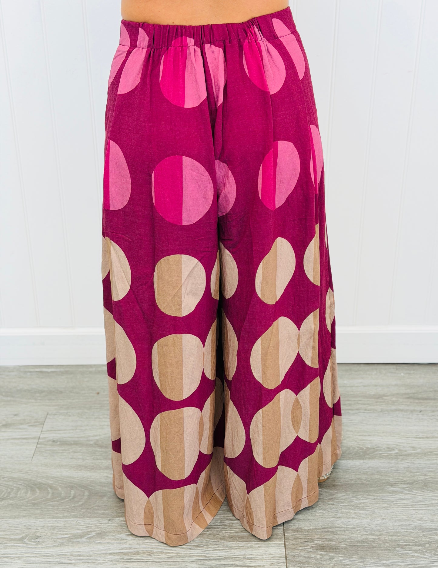 Burgundy Mix Giant Dots Wide Leg Pants (Reg. and Plus)