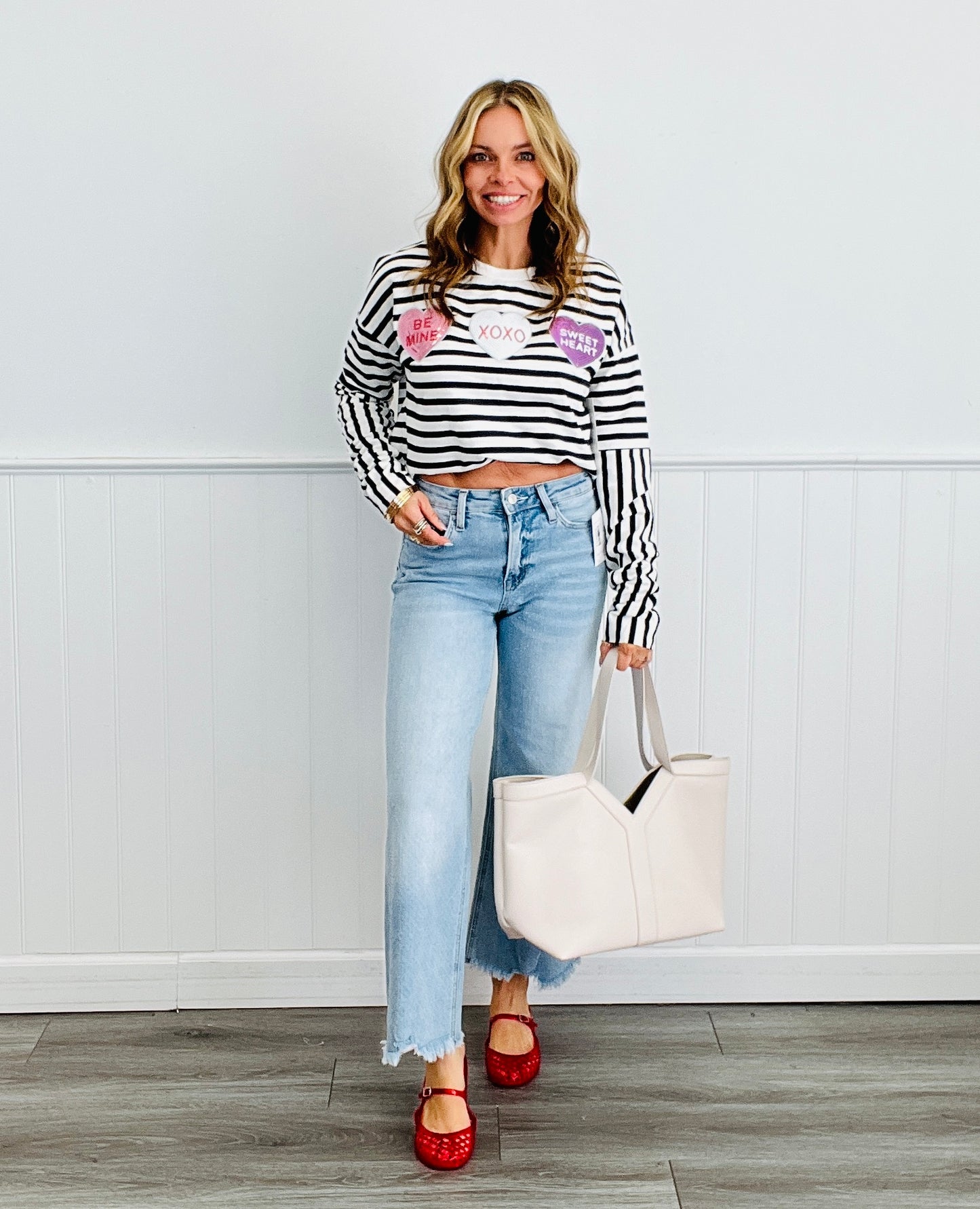 Black Stripe Multi Sequin Heart Long Sleeve Top (Reg. and Plus)