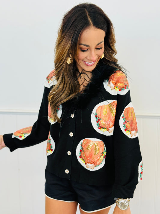 Queen Of Sparkles Black Turkey On Plates Feather Neck Cardigan (Reg. and Plus)