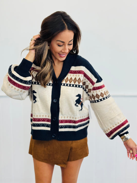 Cream Multi Roping Horse Sweater Cardigan Top (Reg.)