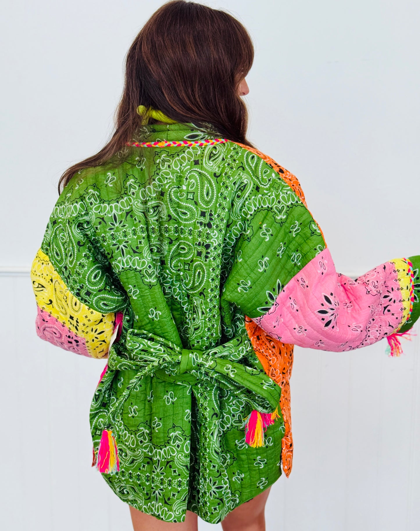 POL Green/Pink Multi Print Kimono Jacket (OS)