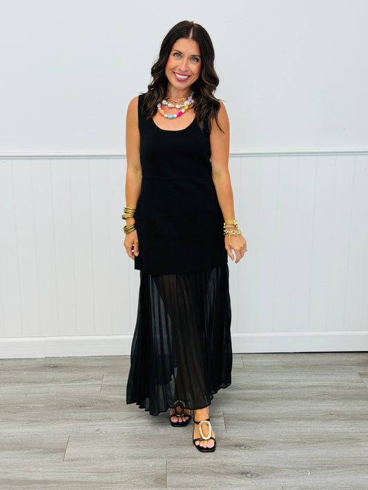 Black Sleeveless Sheer Trim Midi Dress (Reg.)