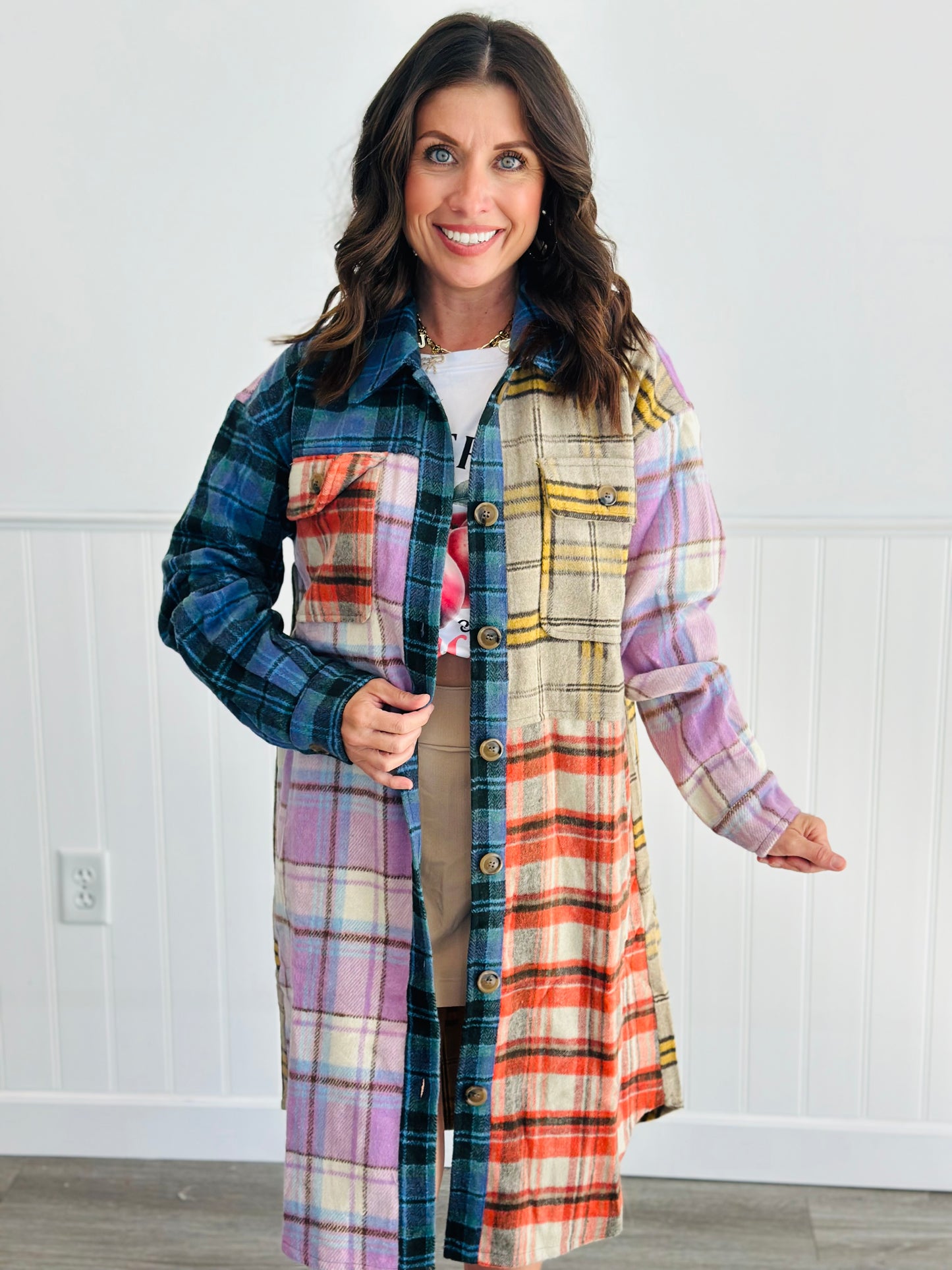 Color Blocked Mixed Plaids Jacket (Reg)