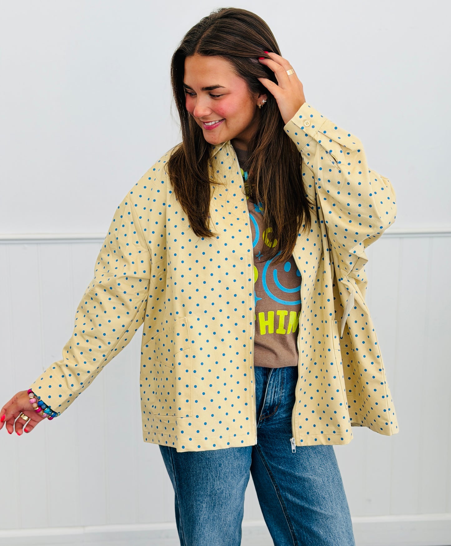 Beige/Blue Polka Dot Zip Up Shacket (Reg & Plus)
