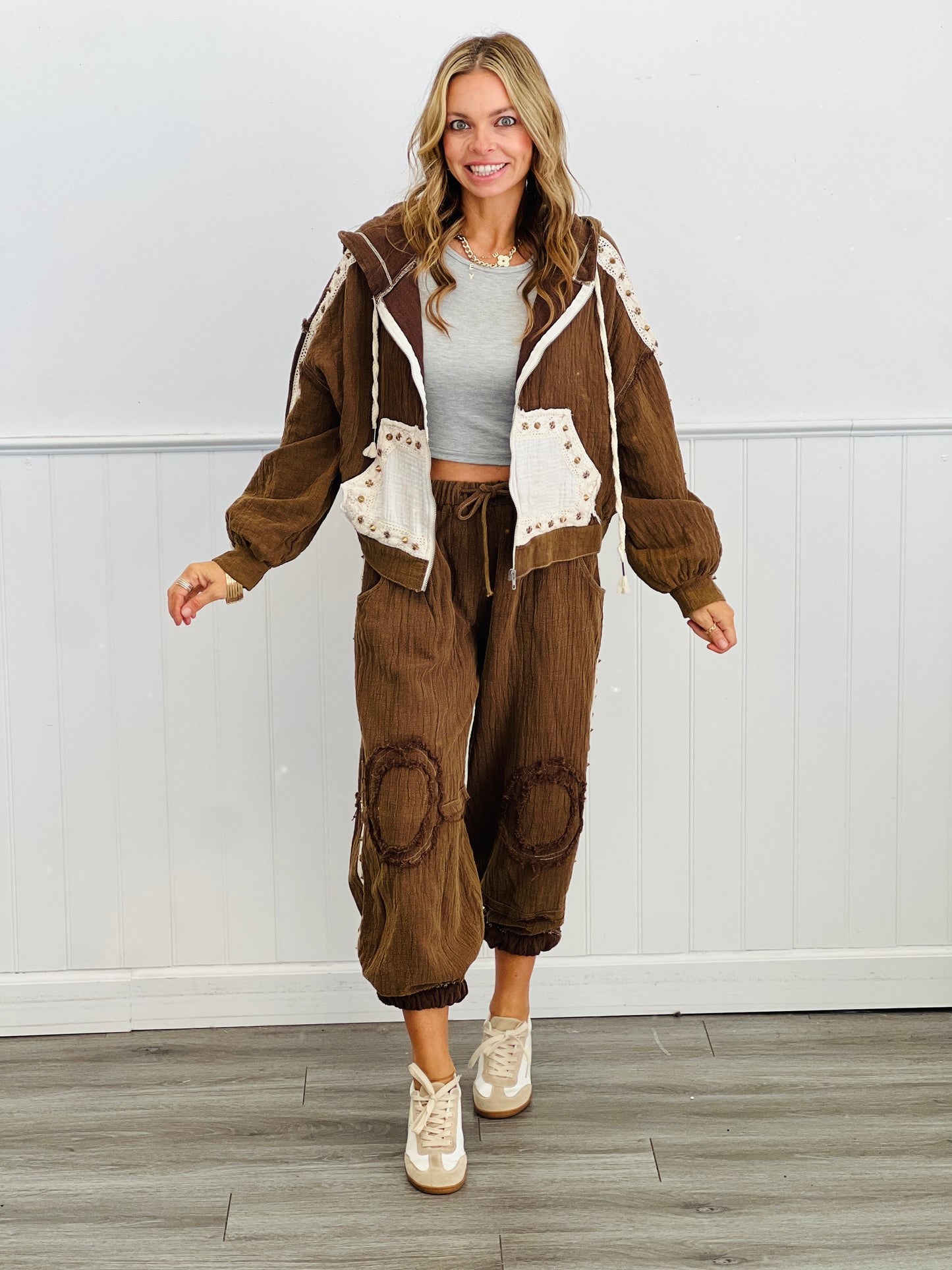 POL Chocolate Double Gauze Studded Hoodie Shacket (Reg.)