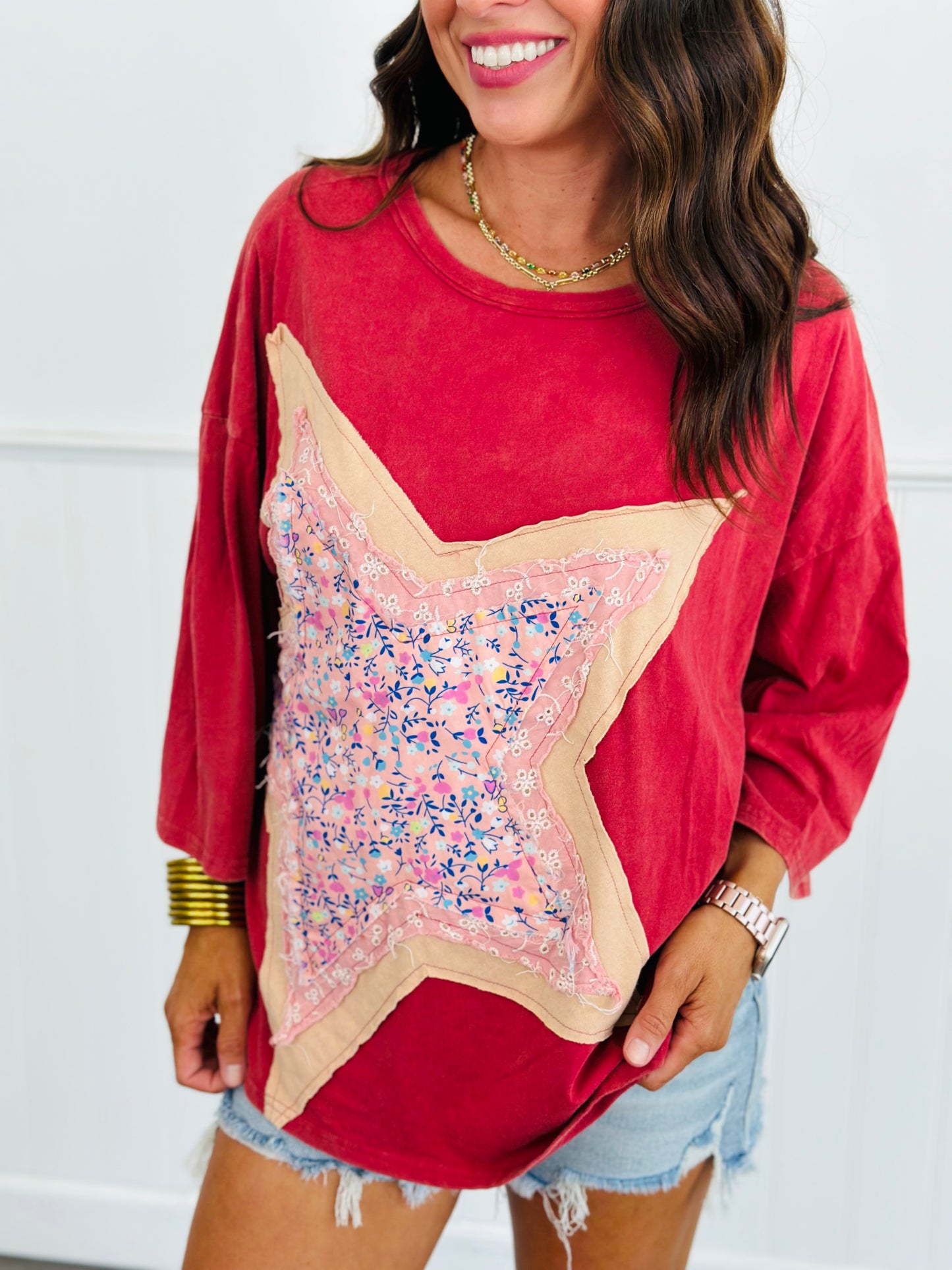 Raspberry Quilted Star Patch Top (Reg)