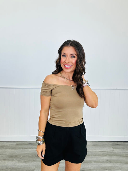Flirty Mocha Off Shoulder Top (Reg)