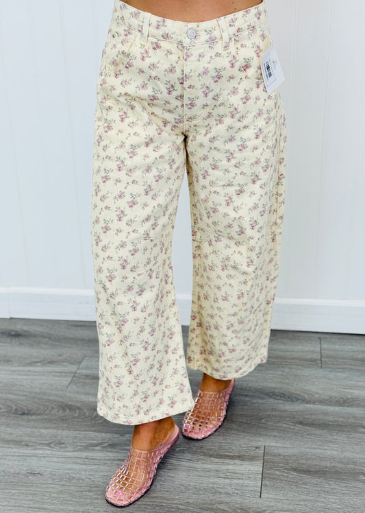 Cream Ditzy Maroon Barrel Pants (Reg. and Plus)