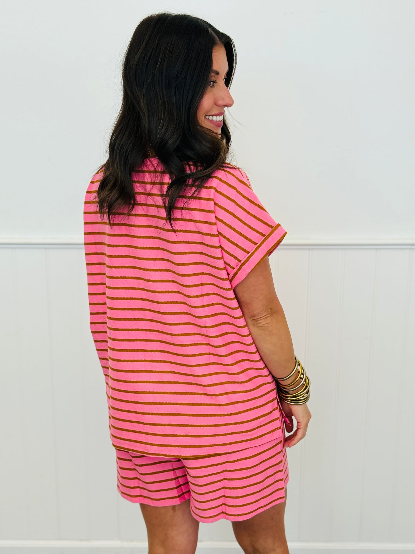 Pink/Brown Stripe Top & Shorts Set (Reg & Plus)