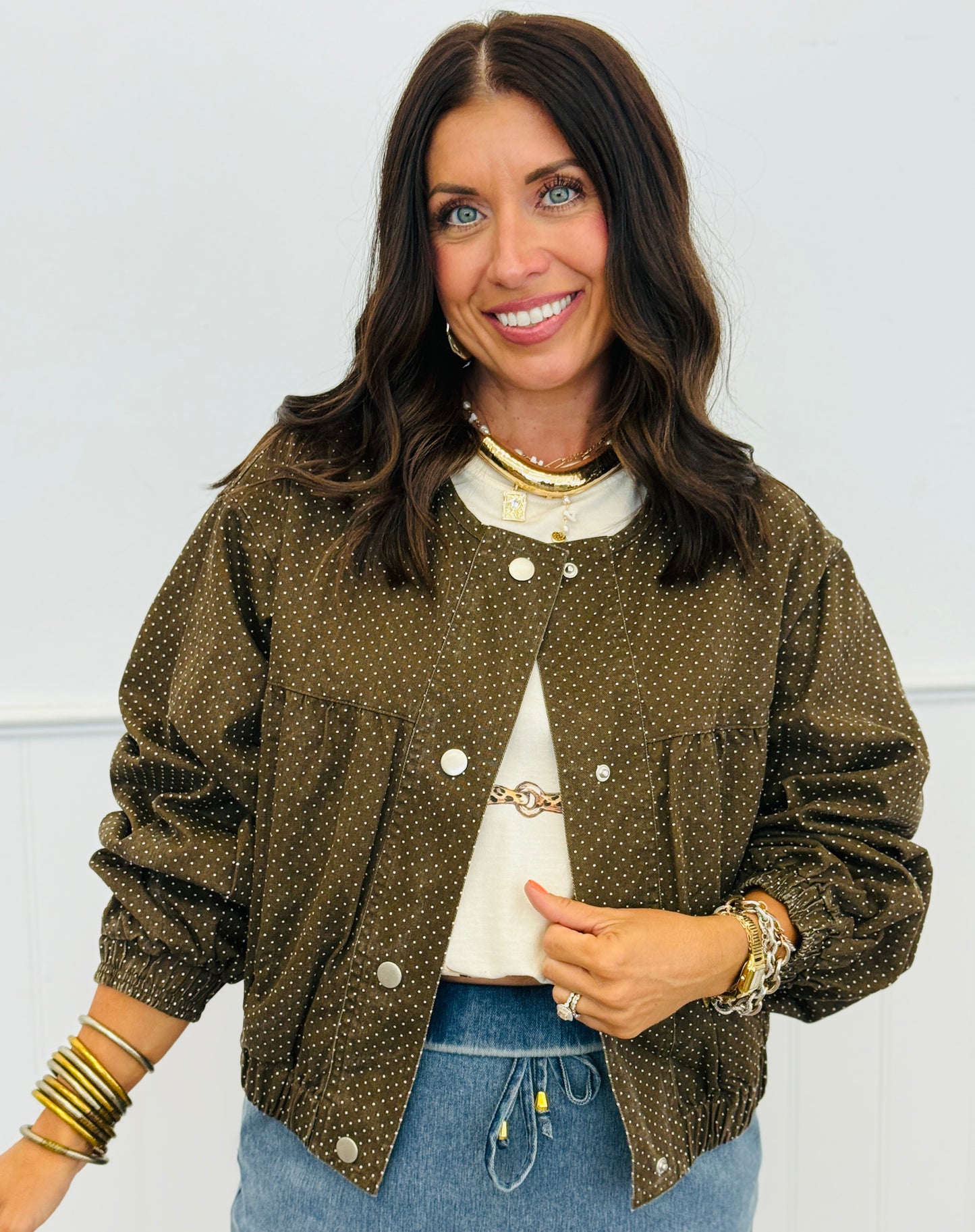 Dark Brown Polka Dot Bomber Jacket (Reg & Plus)