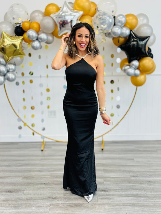 Black Satin Pearl Strap Maxi Dress ( Reg)