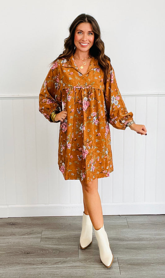 Camel Floral Mix Mini Dress (Reg & Plus)