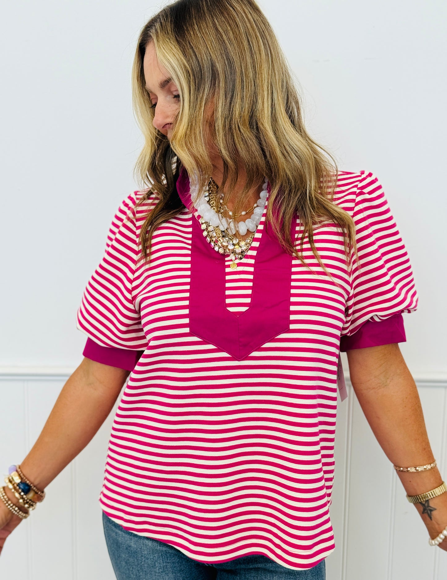 Striped Contrast Trim Puff Sleeve Top (Reg.) - 2 Colors