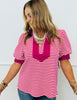 Striped Contrast Trim Puff Sleeve Top (Reg.) - 2 Colors