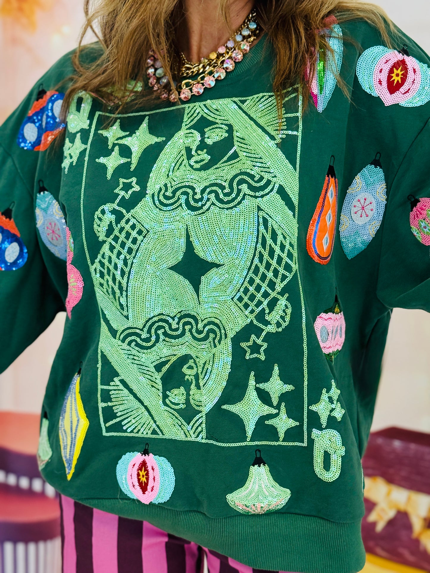 Queen Of Sparkles Dk Green Multi Ornament Card Logo Sweatshirt (Reg. & Plus)