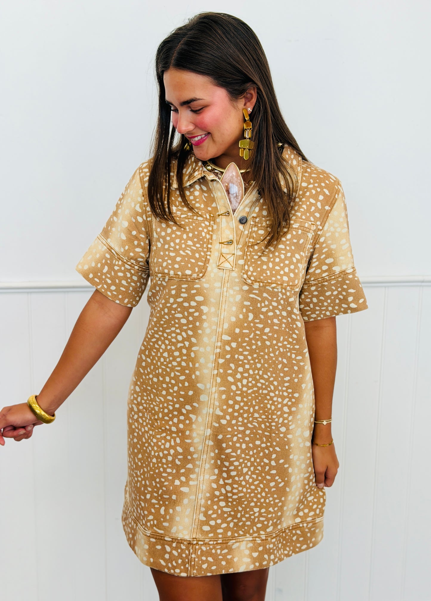 Camel Denim Deer Print Mini Dress (Reg.)