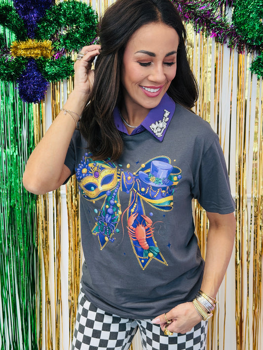 Charcoal Mardi Gras Bow Graphic Tee (Reg. and Plus)