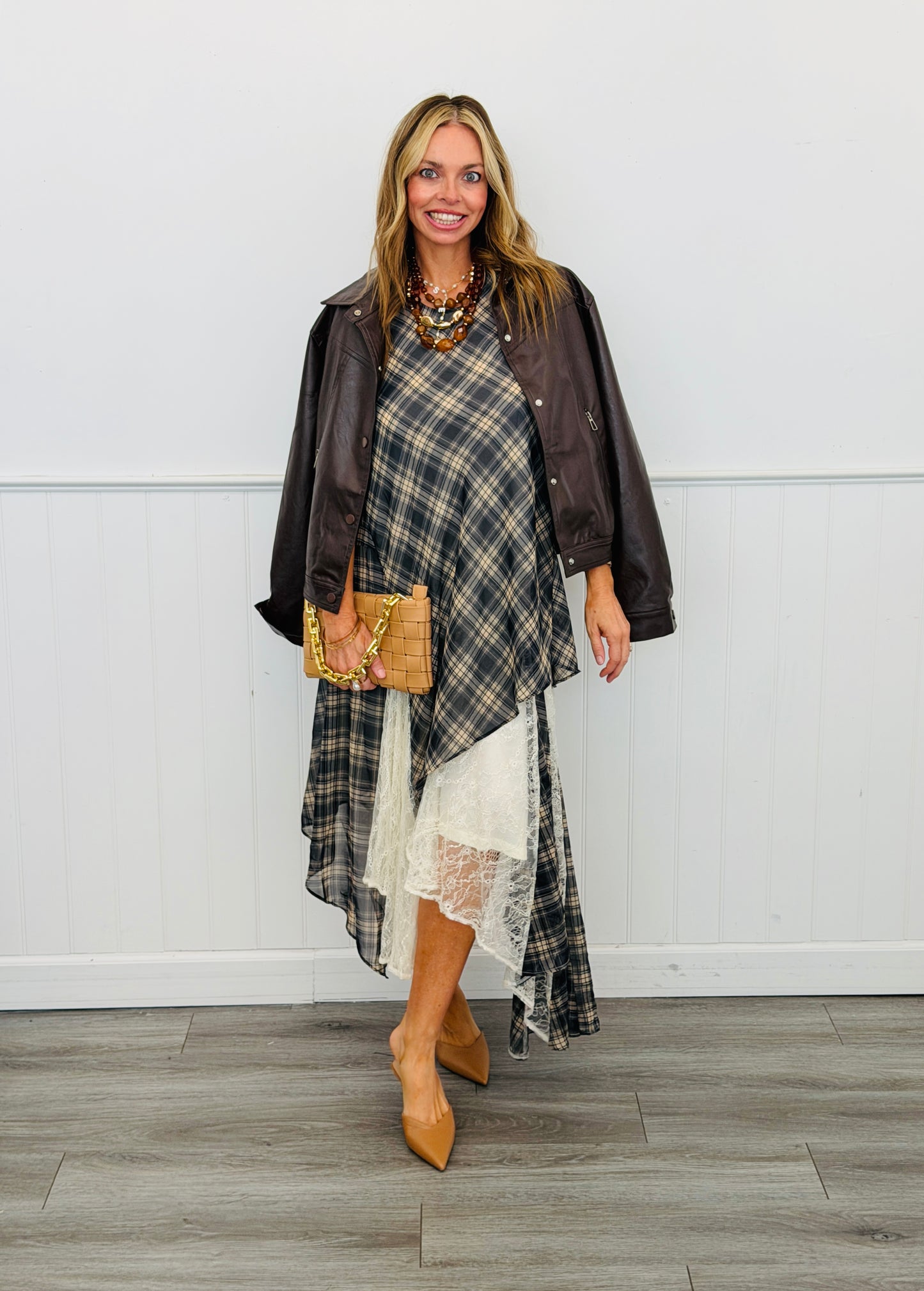 Navy Plaid Layered Lace Midi Dress (Reg & Plus)