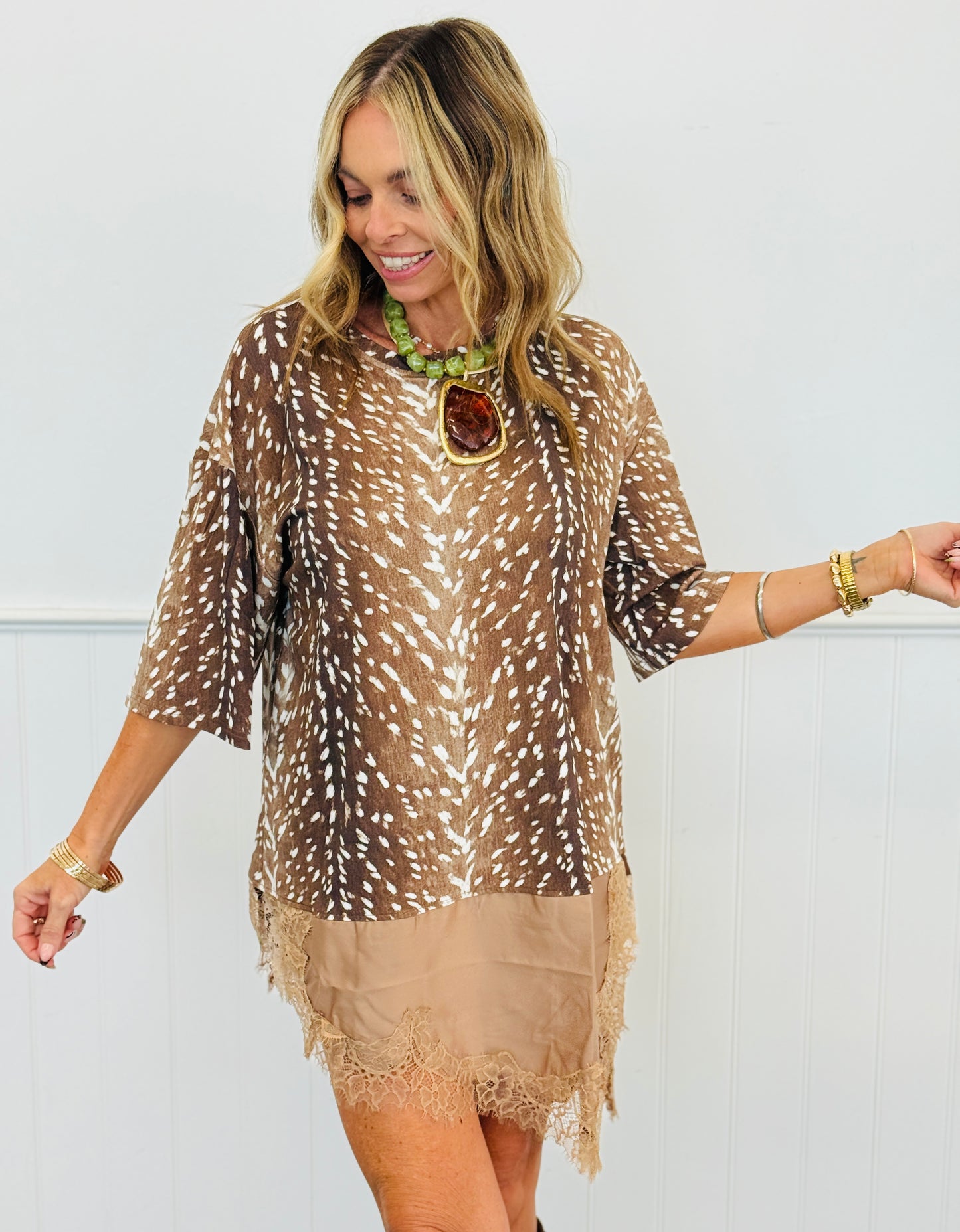 Camel Deer Print Asymmetrical Lace Hem Top (Reg.)