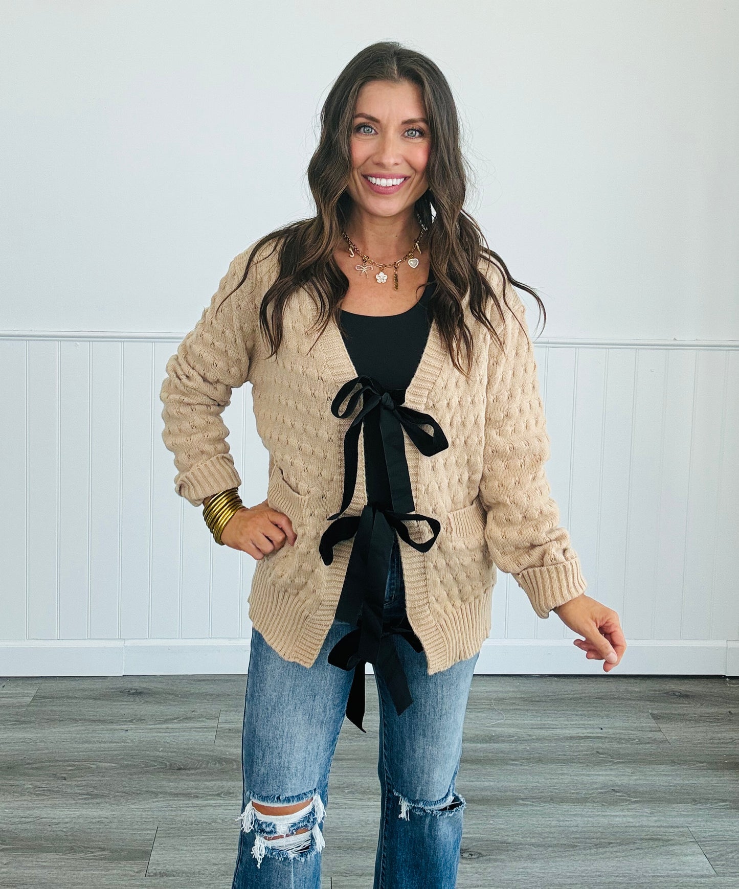 Taupe Ribbon Tie Sweater Cardigan (Reg & Plus)