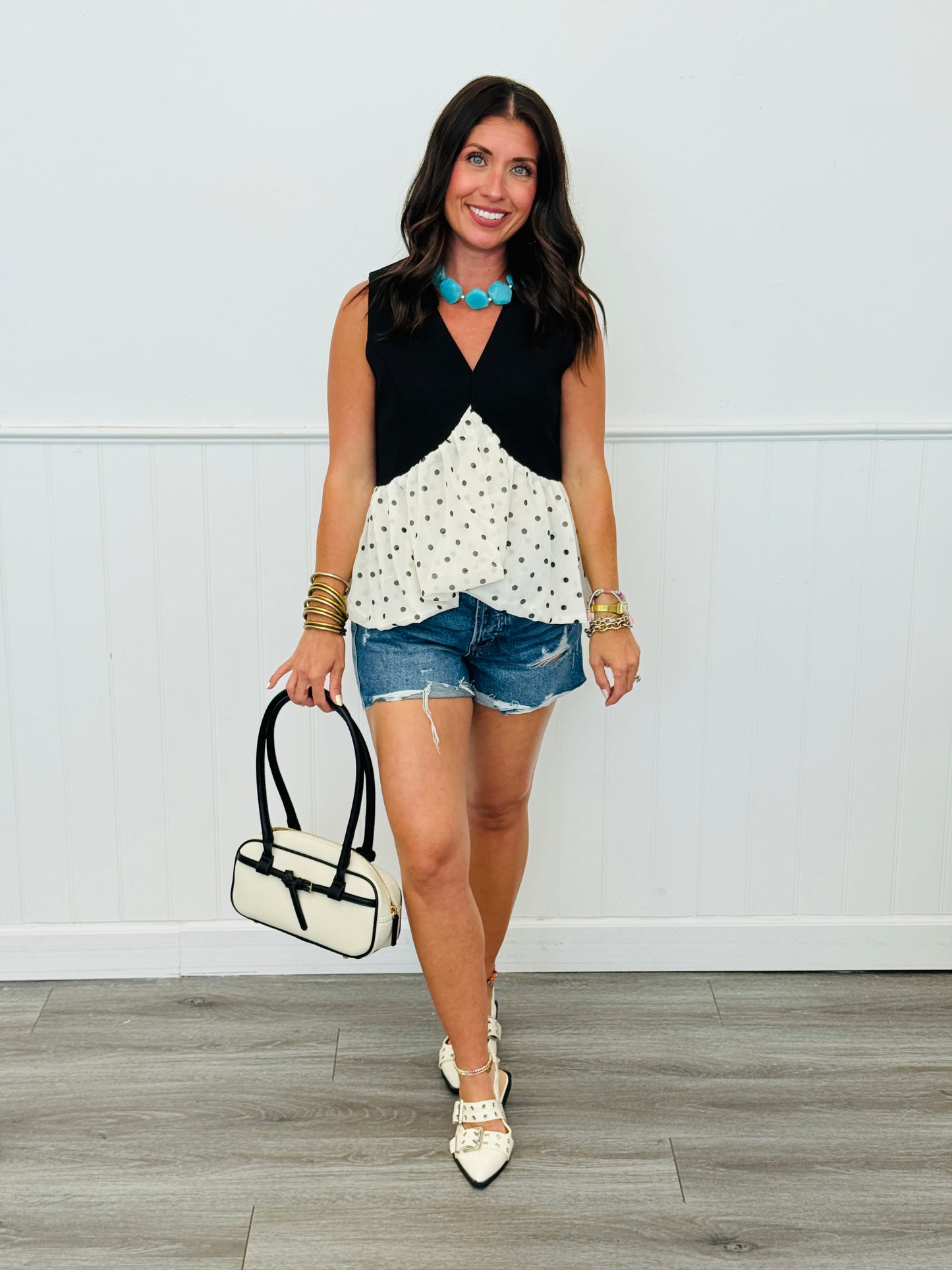 Black/Beige Polka Dot Contrast Blouse (Reg. and Plus)