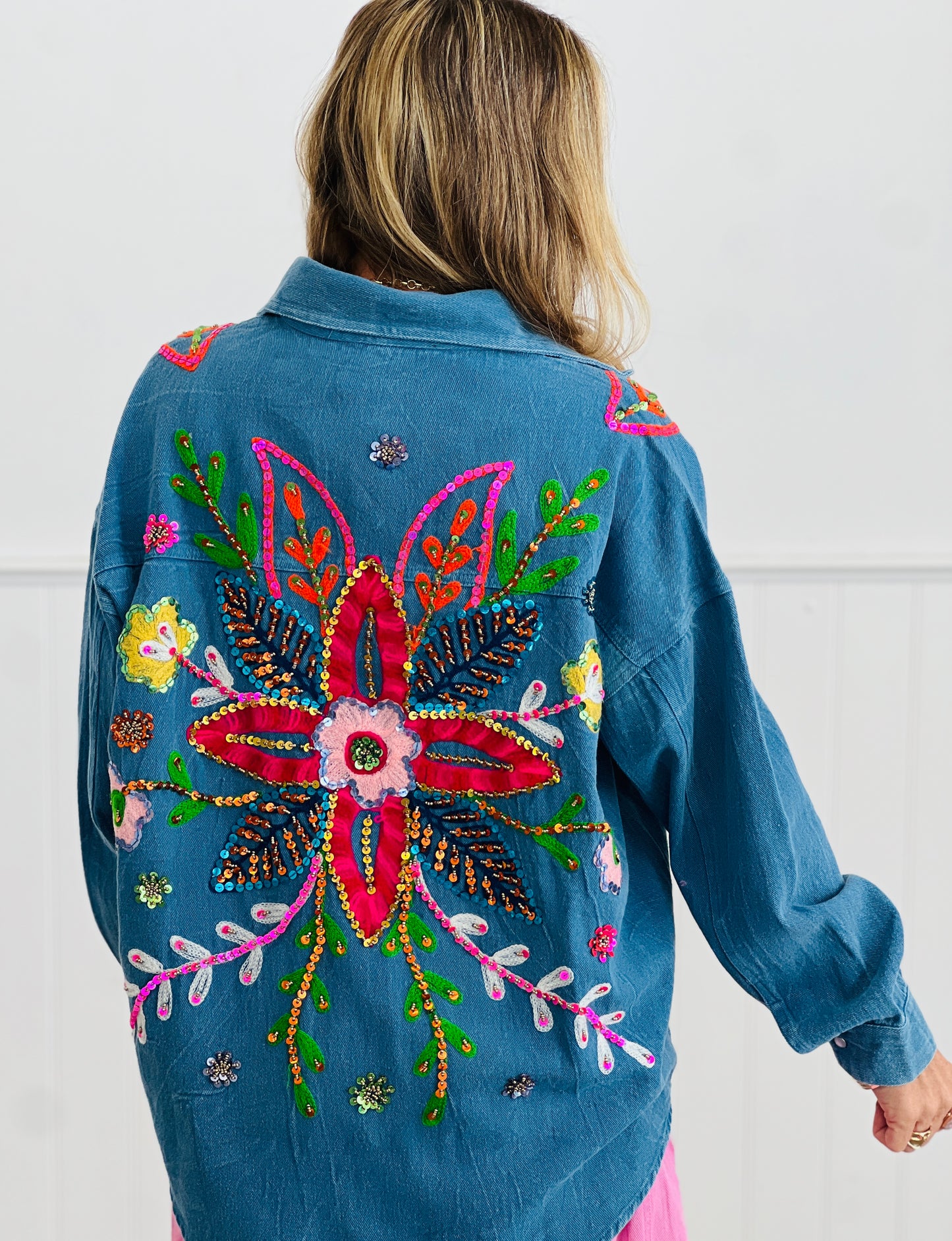 Lt Denim Floral Sequin Embroidered Button Up Top (One Size)