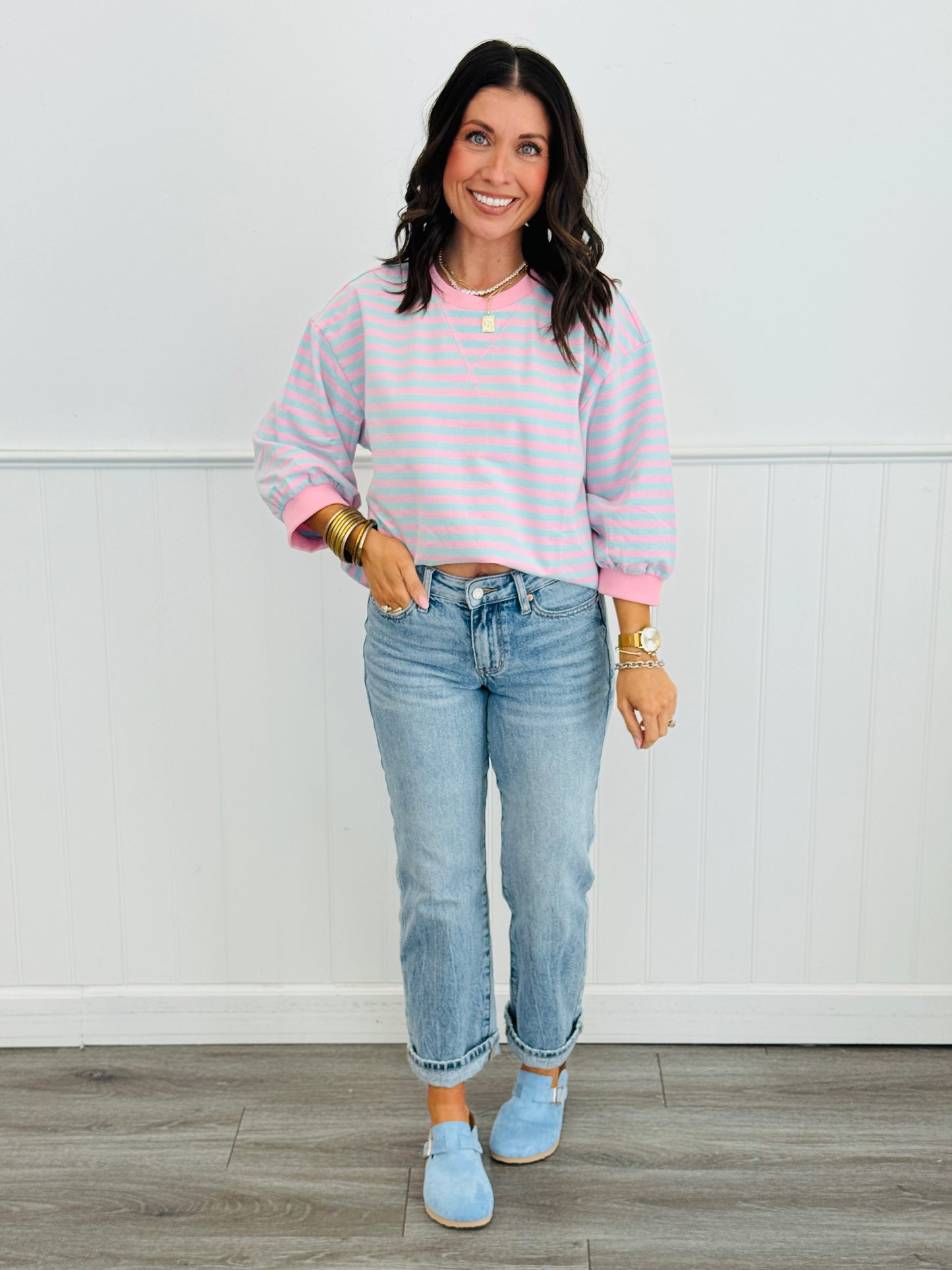 Striped Cross V Stitch Pullover Top (Reg.)-3 Colors