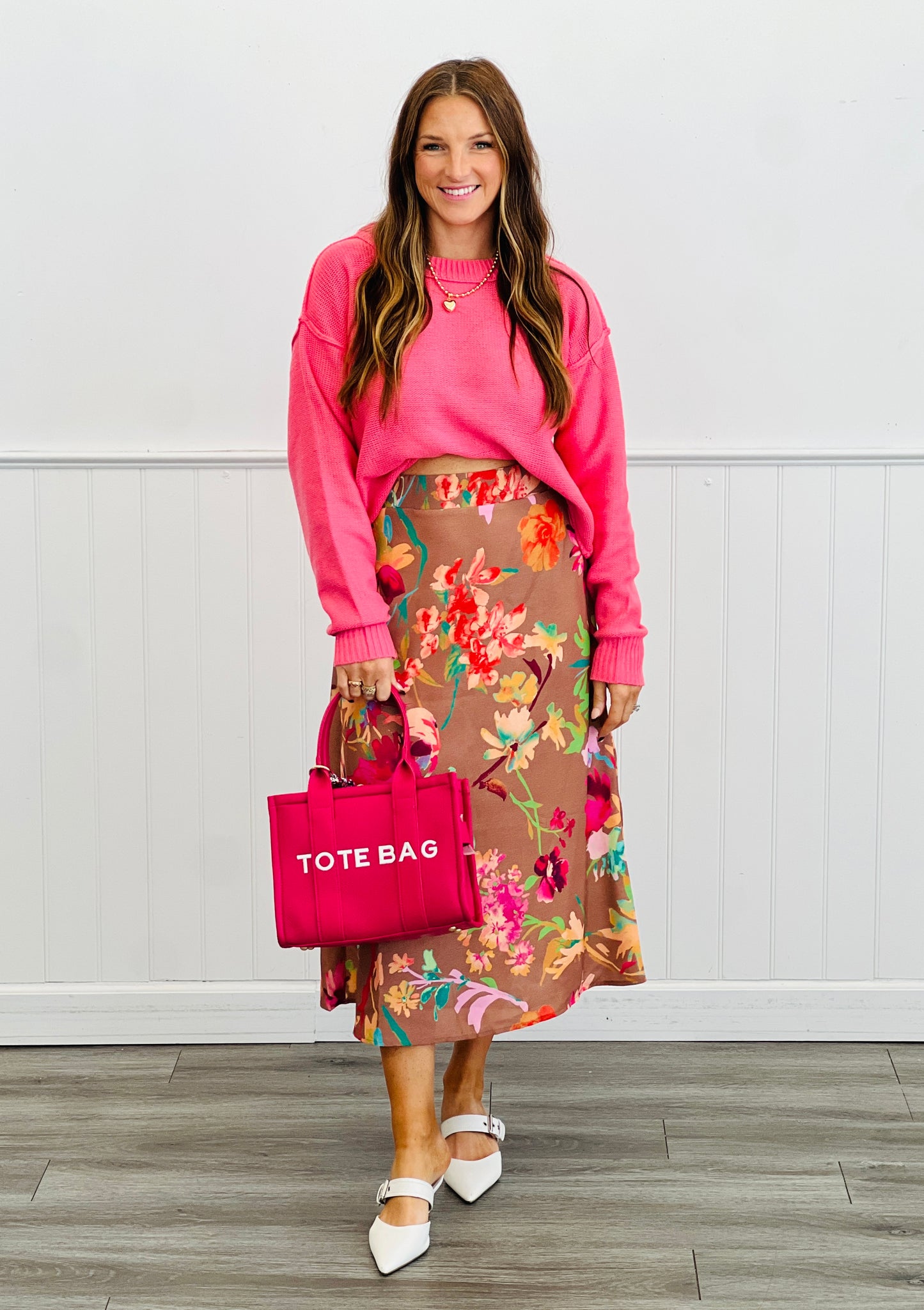 Camel/Fuchsia Floral Midi Skirt (Reg. and Plus)