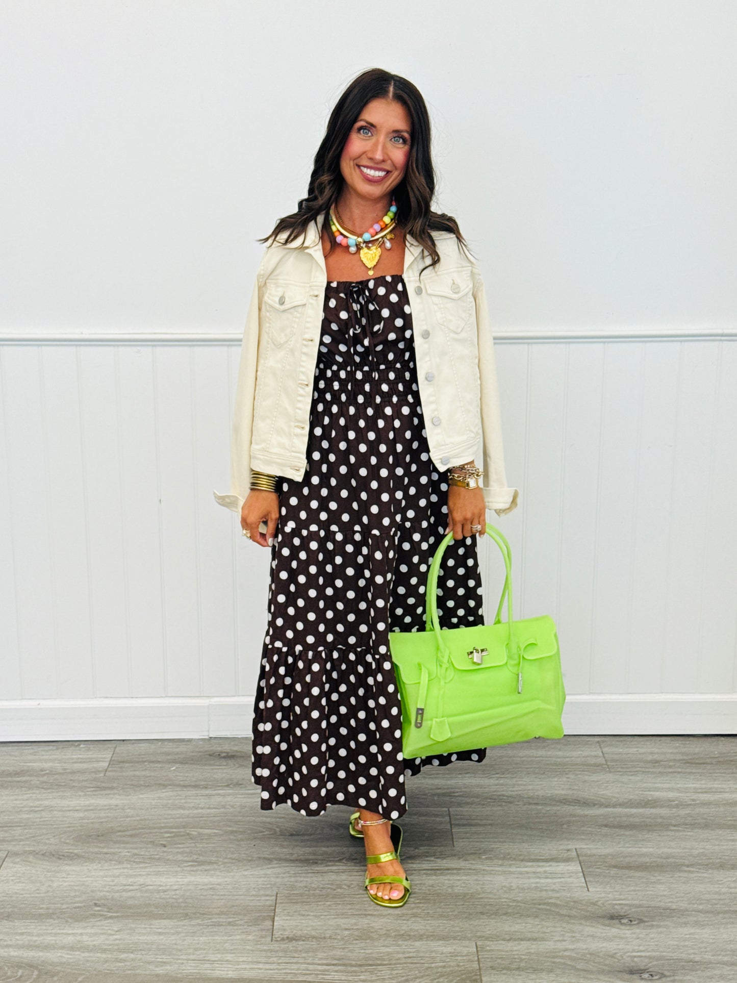 Brown/White Polka Dot Tiered Midi Dress (Reg.)